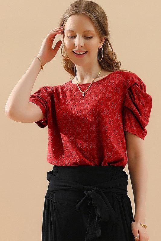 PUFF SHOULDER ROUND NECK SHORT CASUAL TOP - Doublju