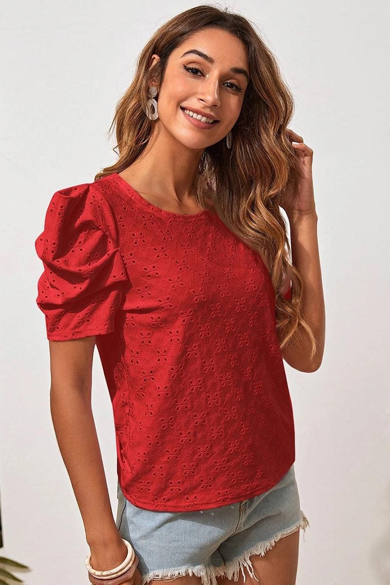 PUFF SHOULDER ROUND NECK SHORT CASUAL TOP - Doublju