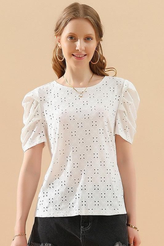 PUFF SHOULDER ROUND NECK SHORT CASUAL TOP - Doublju