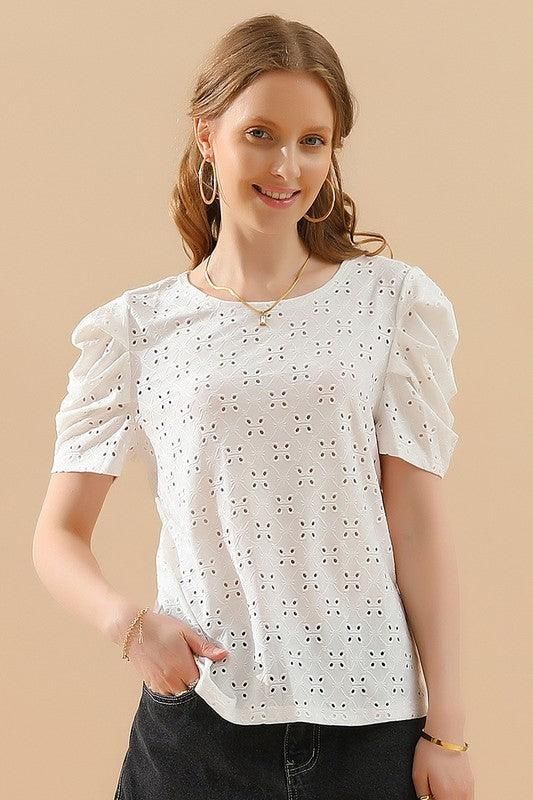 PUFF SHOULDER ROUND NECK SHORT CASUAL TOP - Doublju