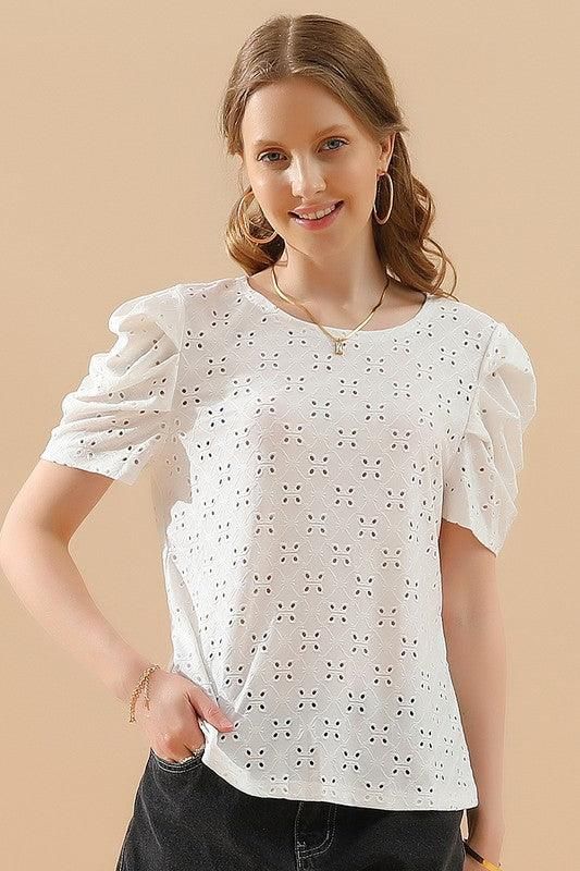 PUFF SHOULDER ROUND NECK SHORT CASUAL TOP - Doublju