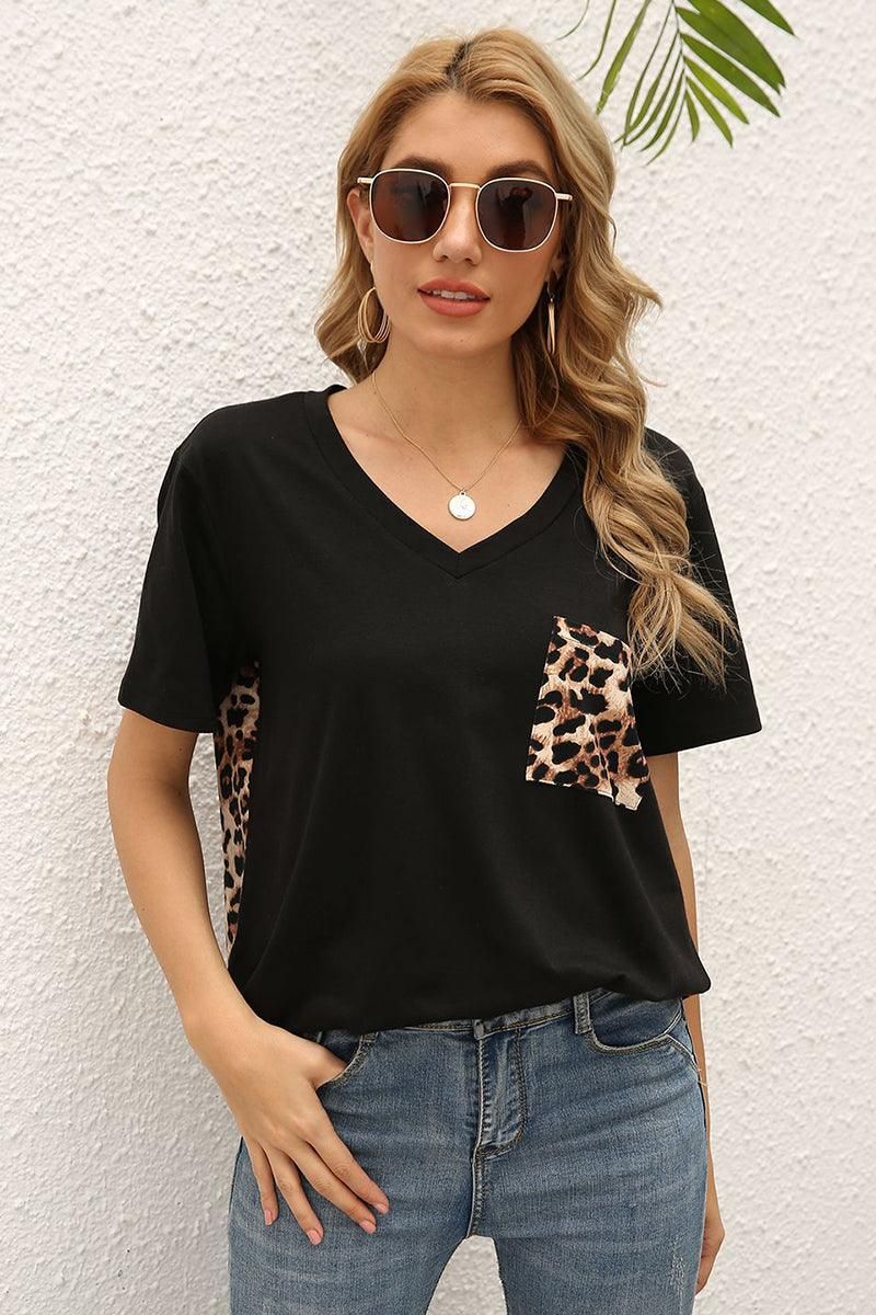 LEOPARD PATTERN BLOCKED CASUAL TOP - Doublju