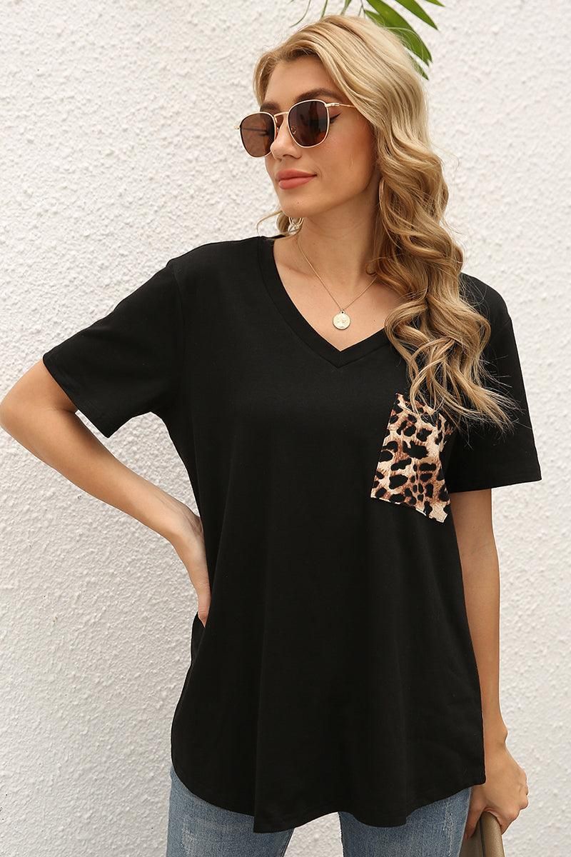 LEOPARD PATTERN BLOCKED CASUAL TOP - Doublju