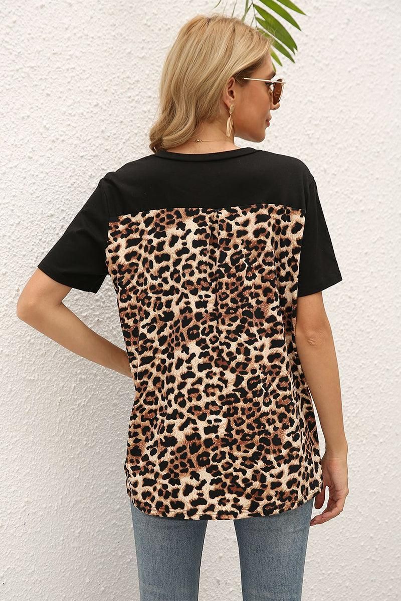 LEOPARD PATTERN BLOCKED CASUAL TOP - Doublju