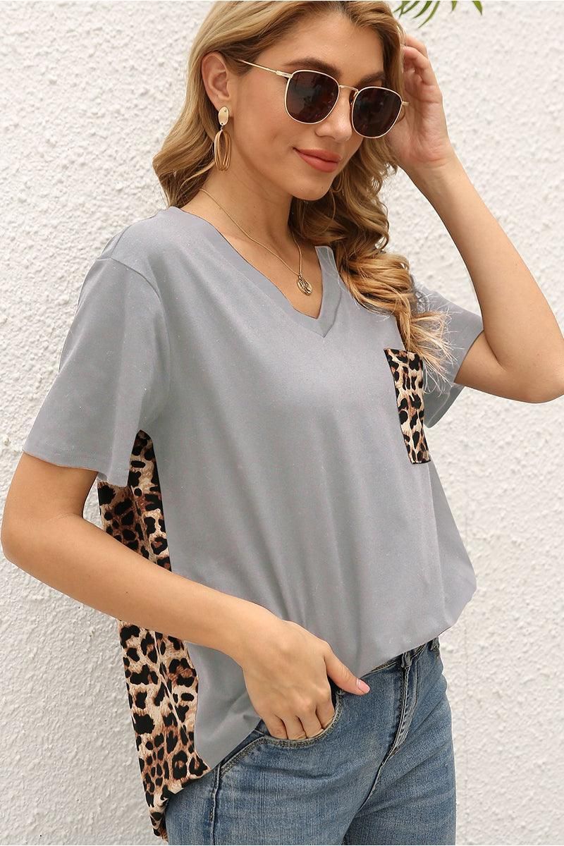 LEOPARD PATTERN BLOCKED CASUAL TOP - Doublju