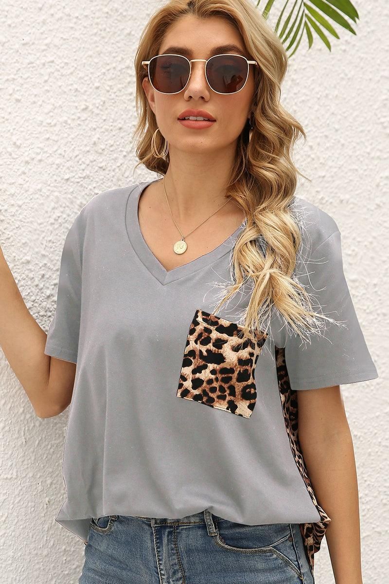 LEOPARD PATTERN BLOCKED CASUAL TOP - Doublju