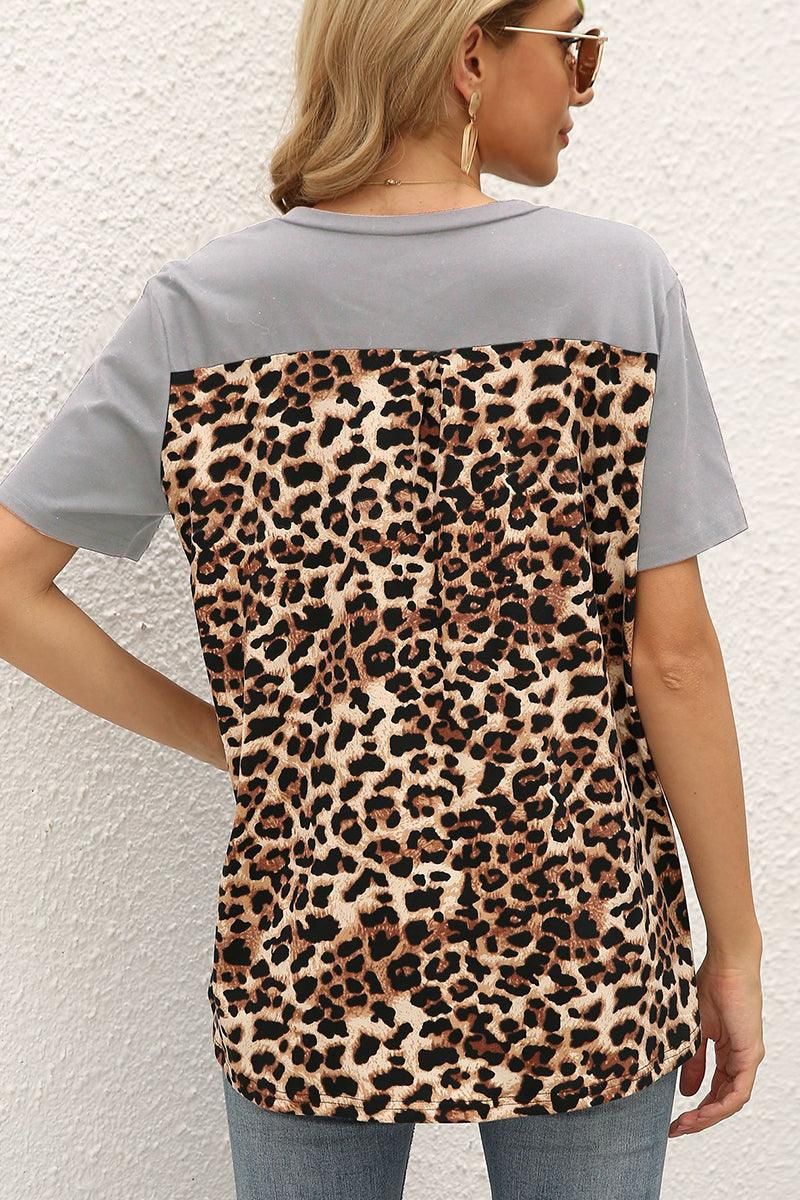 LEOPARD PATTERN BLOCKED CASUAL TOP - Doublju