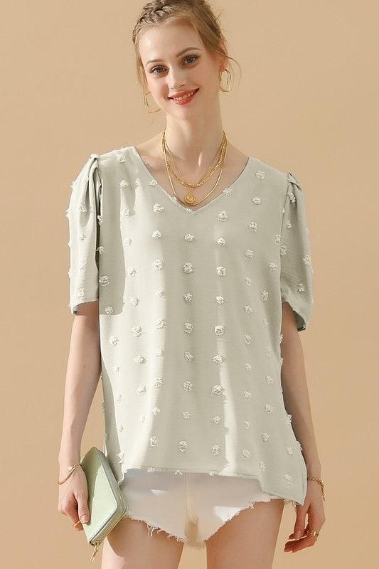 PUFF SLEEVE DEEP NECK CASUAL TOP - Doublju