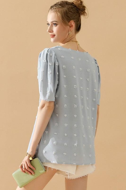 PUFF SLEEVE DEEP NECK CASUAL TOP - Doublju