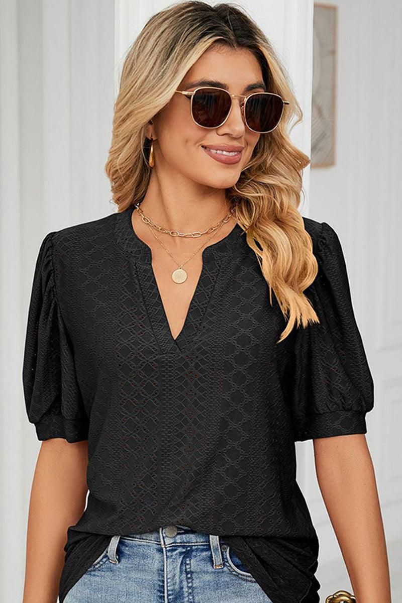 PUNCHING LACE V NECK PUFF SHORT SLEEVE BLOUSE - Doublju