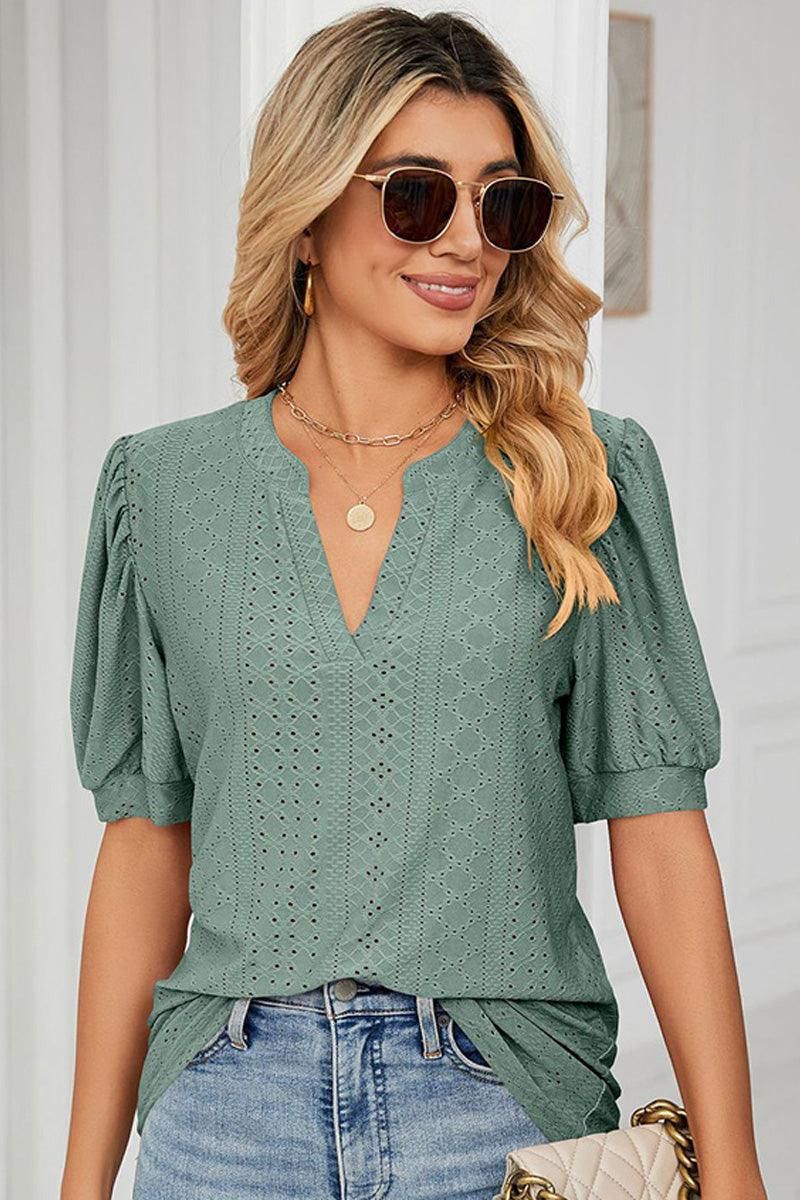 PUNCHING LACE V NECK PUFF SHORT SLEEVE BLOUSE - Doublju