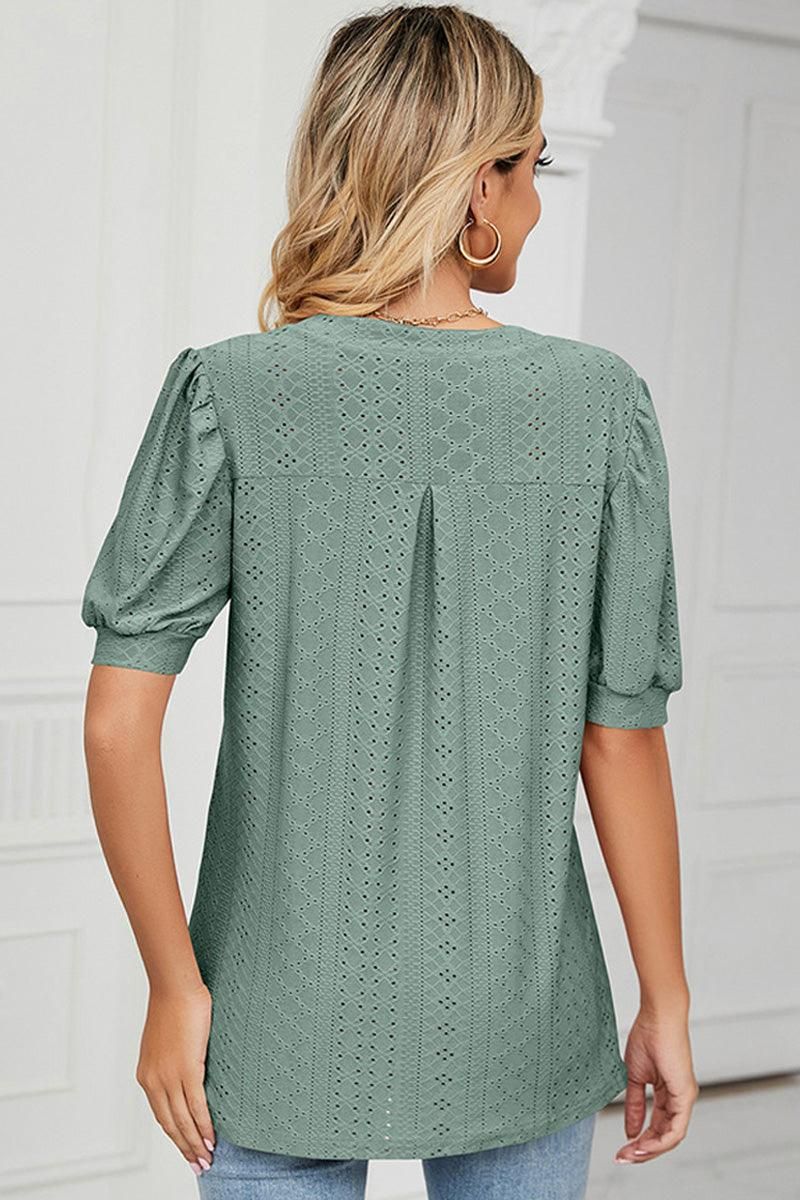 PUNCHING LACE V NECK PUFF SHORT SLEEVE BLOUSE - Doublju