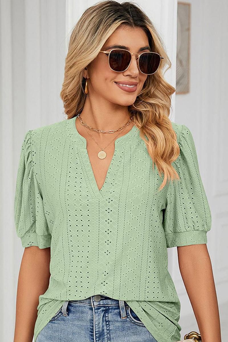 PUNCHING LACE V NECK PUFF SHORT SLEEVE BLOUSE - Doublju