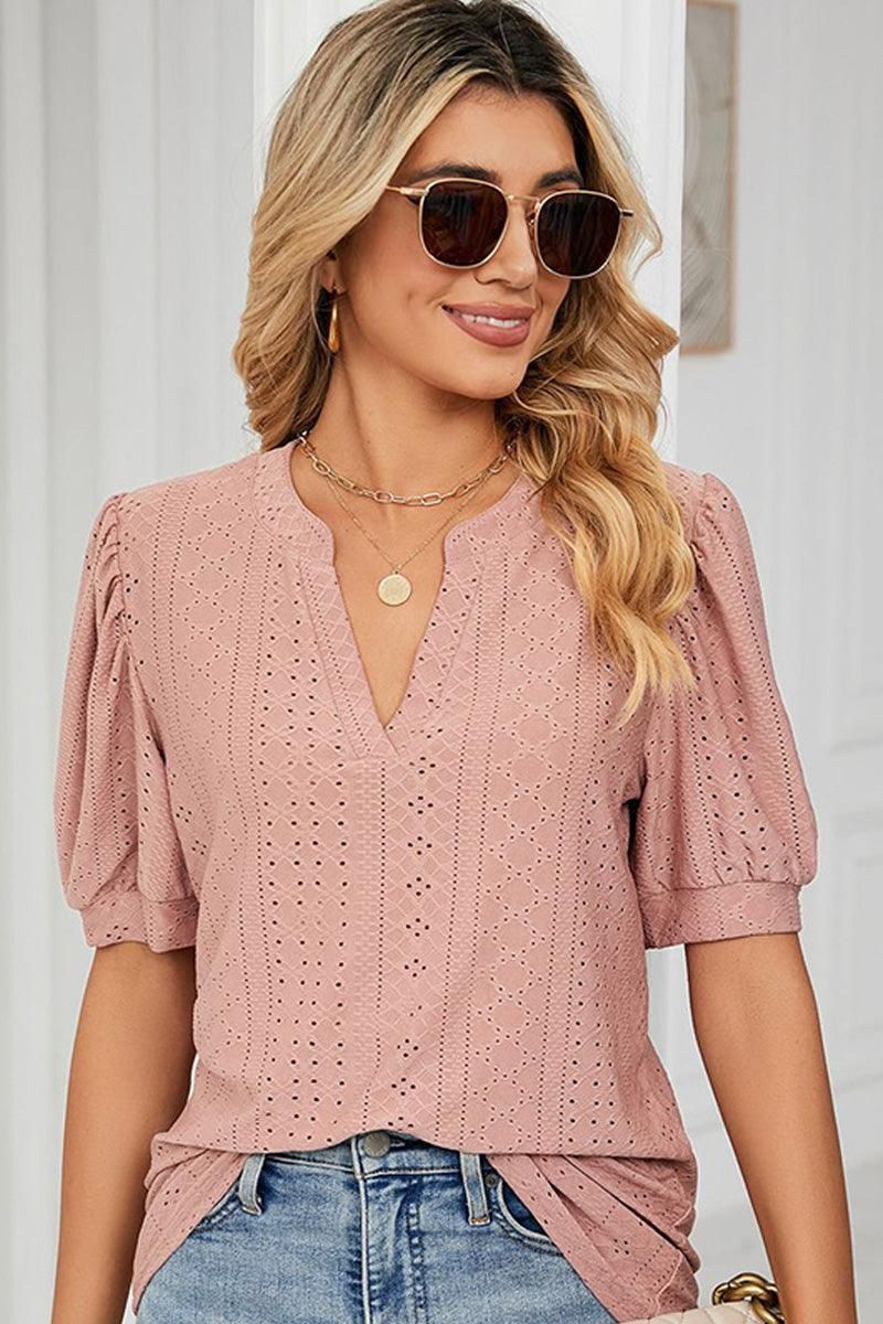 PUNCHING LACE V NECK PUFF SHORT SLEEVE BLOUSE - Doublju