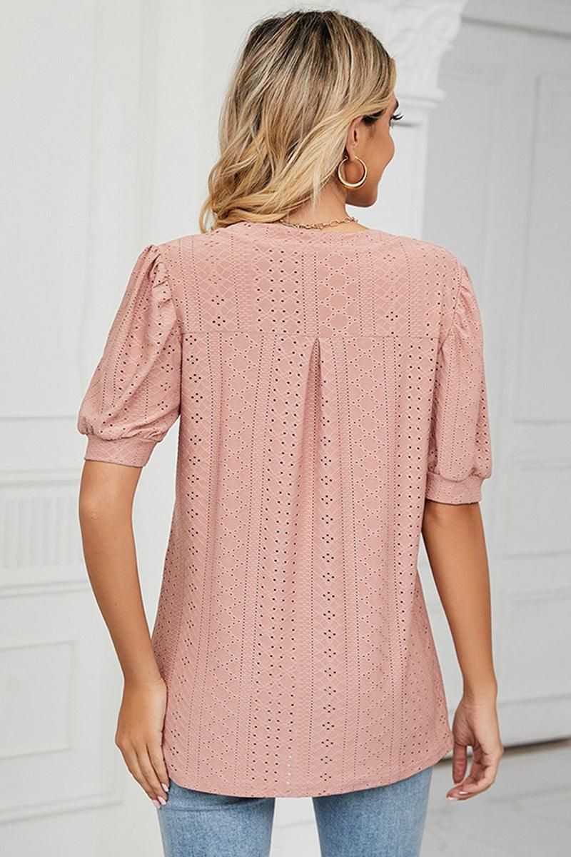 PUNCHING LACE V NECK PUFF SHORT SLEEVE BLOUSE - Doublju