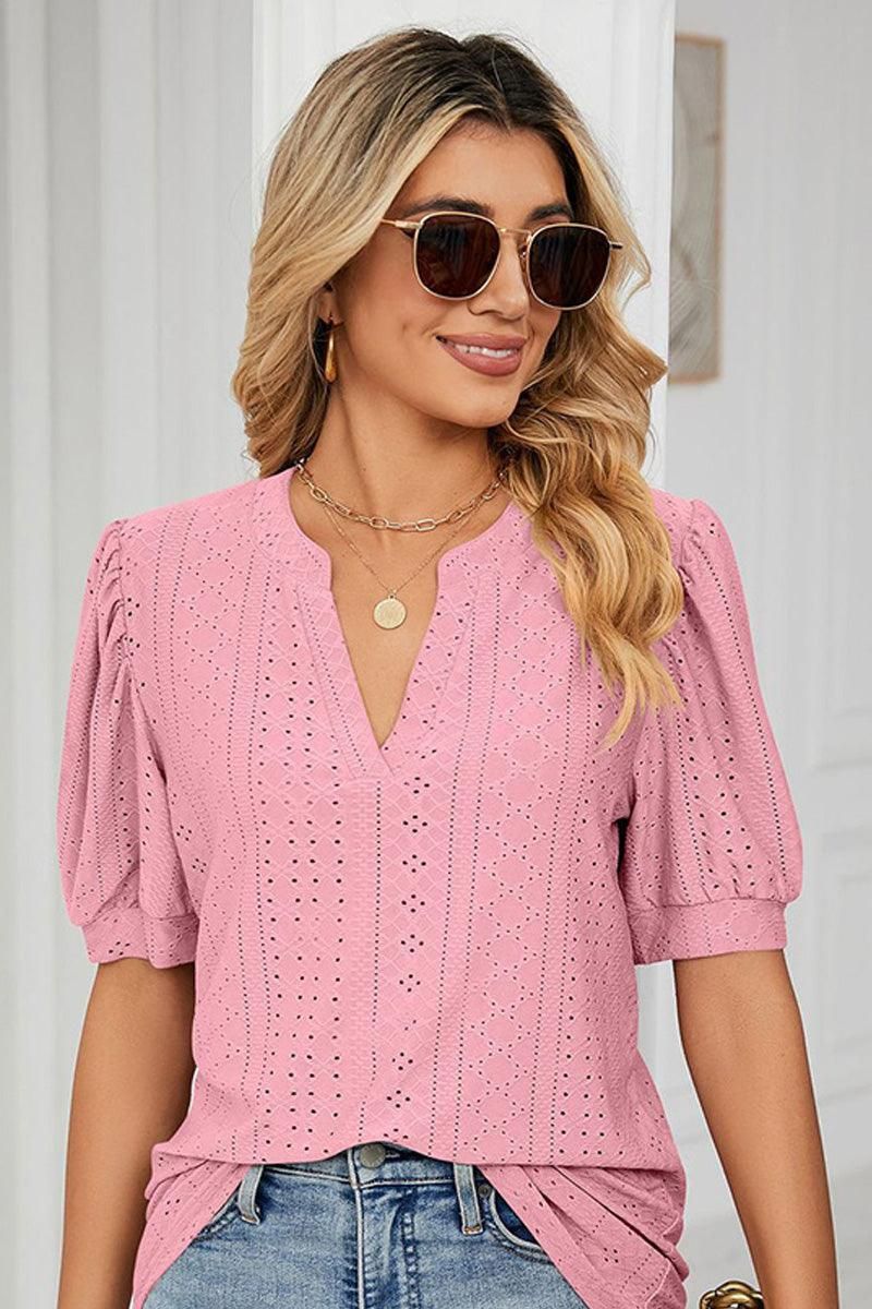 PUNCHING LACE V NECK PUFF SHORT SLEEVE BLOUSE - Doublju