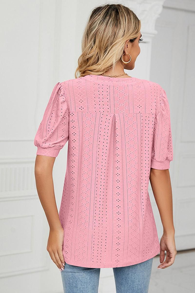 PUNCHING LACE V NECK PUFF SHORT SLEEVE BLOUSE - Doublju