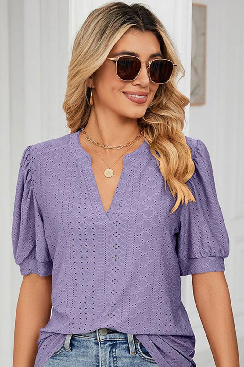 PUNCHING LACE V NECK PUFF SHORT SLEEVE BLOUSE - Doublju