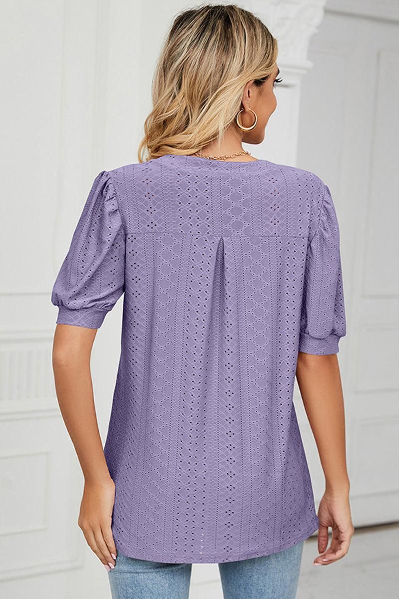 PUNCHING LACE V NECK PUFF SHORT SLEEVE BLOUSE - Doublju