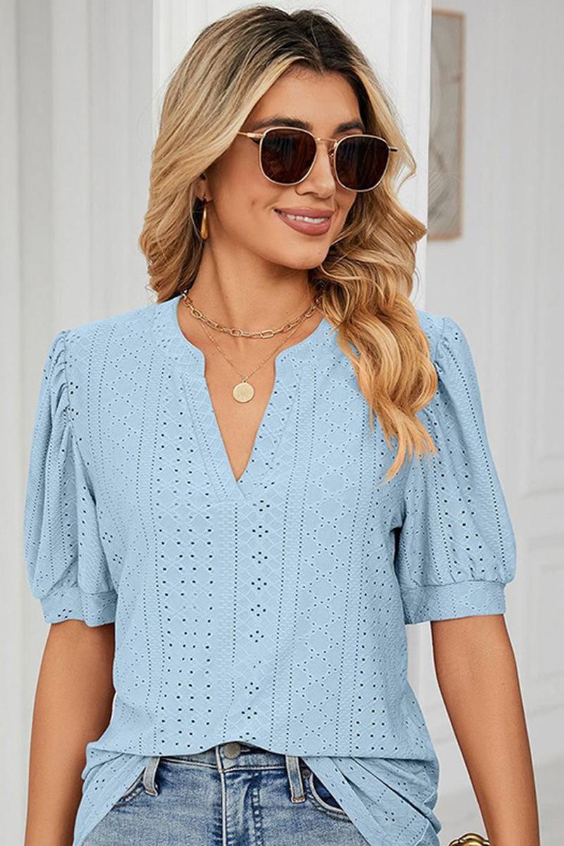 PUNCHING LACE V NECK PUFF SHORT SLEEVE BLOUSE - Doublju