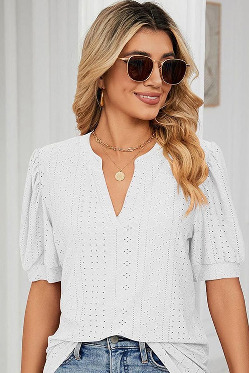 PUNCHING LACE V NECK PUFF SHORT SLEEVE BLOUSE - Doublju