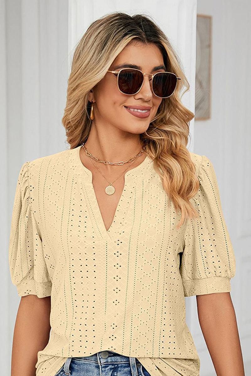 PUNCHING LACE V NECK PUFF SHORT SLEEVE BLOUSE - Doublju