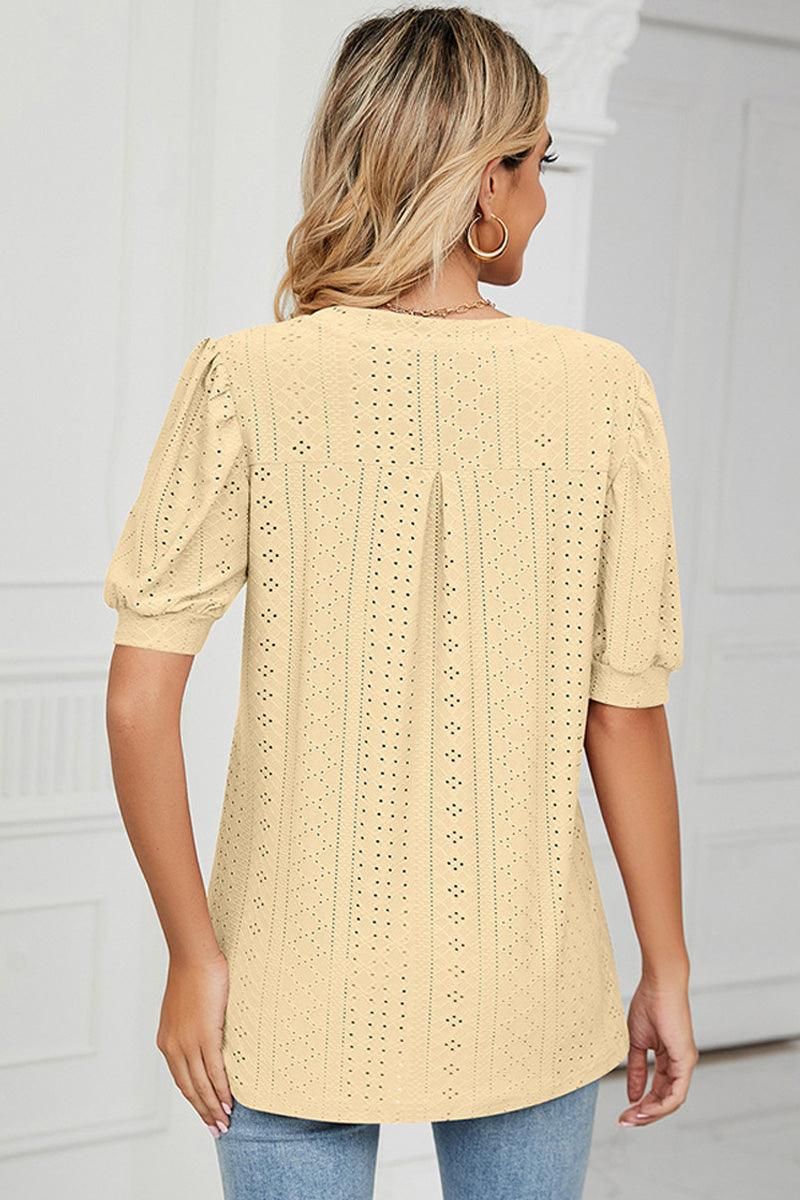 PUNCHING LACE V NECK PUFF SHORT SLEEVE BLOUSE - Doublju