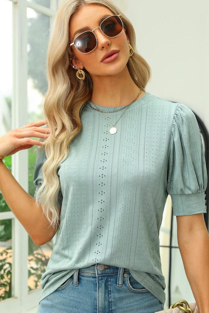 HOLLOW HOLE RIBBED SLEEVE CASUAL TOP - Doublju