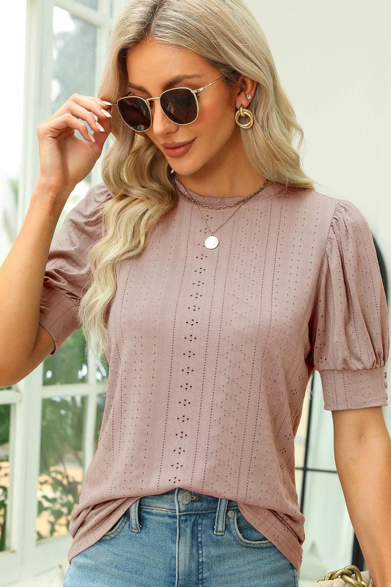 HOLLOW HOLE RIBBED SLEEVE CASUAL TOP - Doublju