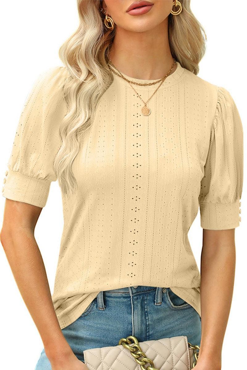 HOLLOW HOLE RIBBED SLEEVE CASUAL TOP - Doublju