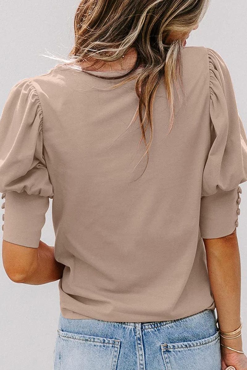 CREW NECK PUFF SLEEVE TUNIC TOP - Doublju