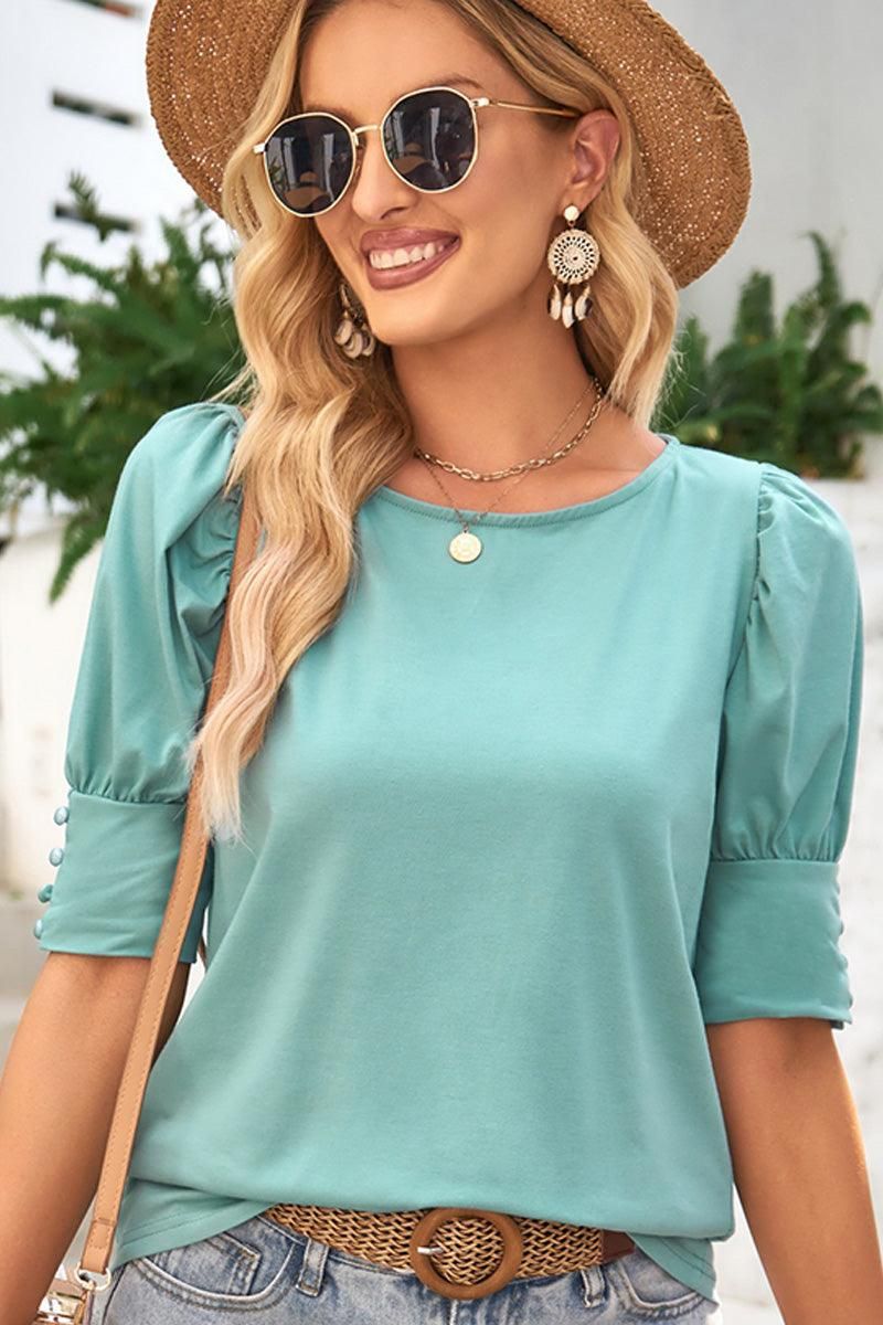 CREW NECK PUFF SLEEVE TUNIC TOP - Doublju