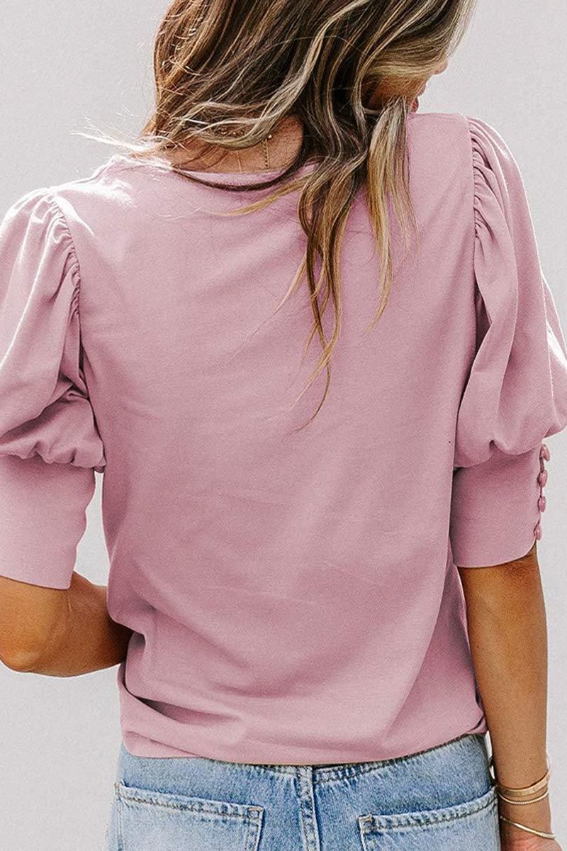 CREW NECK PUFF SLEEVE TUNIC TOP - Doublju