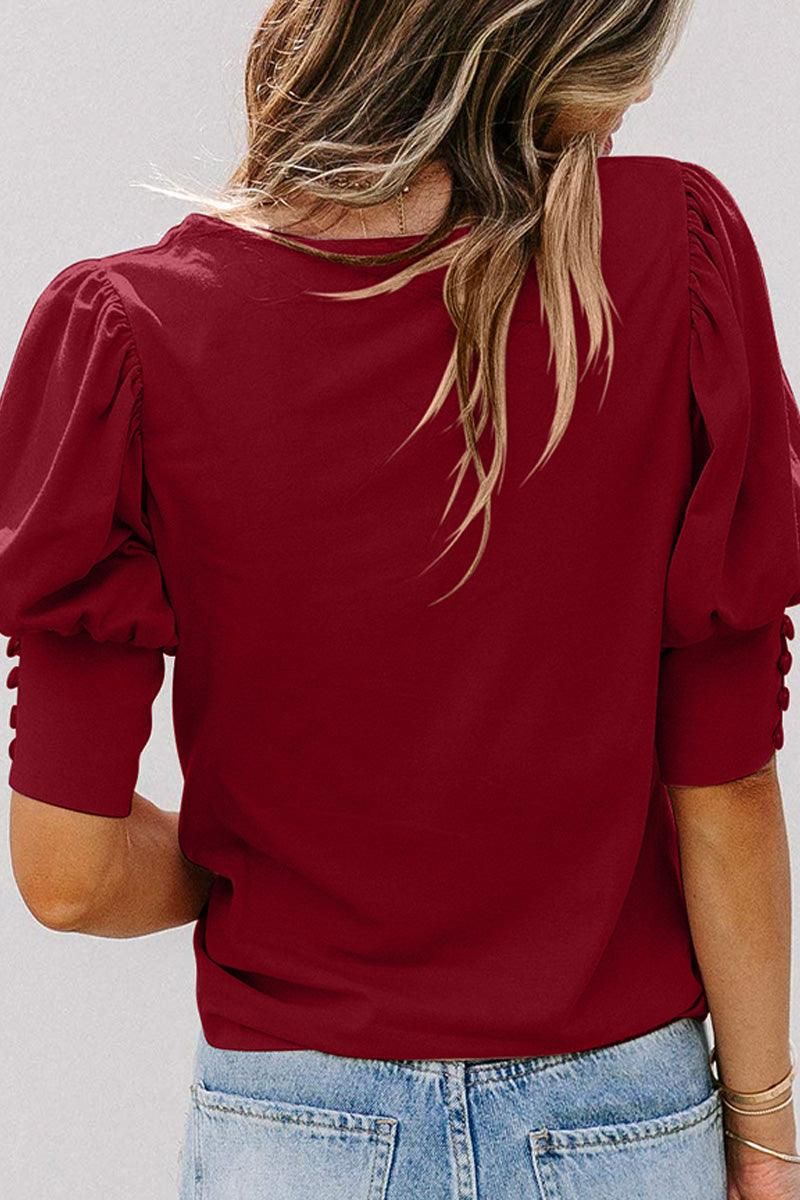 CREW NECK PUFF SLEEVE TUNIC TOP - Doublju