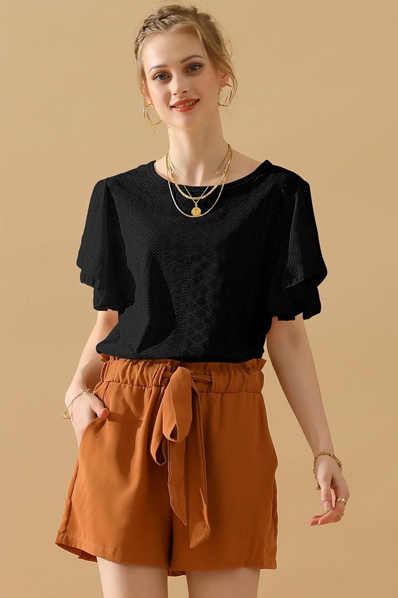 CAPE SLEEVE HOLLOW HOLE DETAILED CASUAL TOP - Doublju