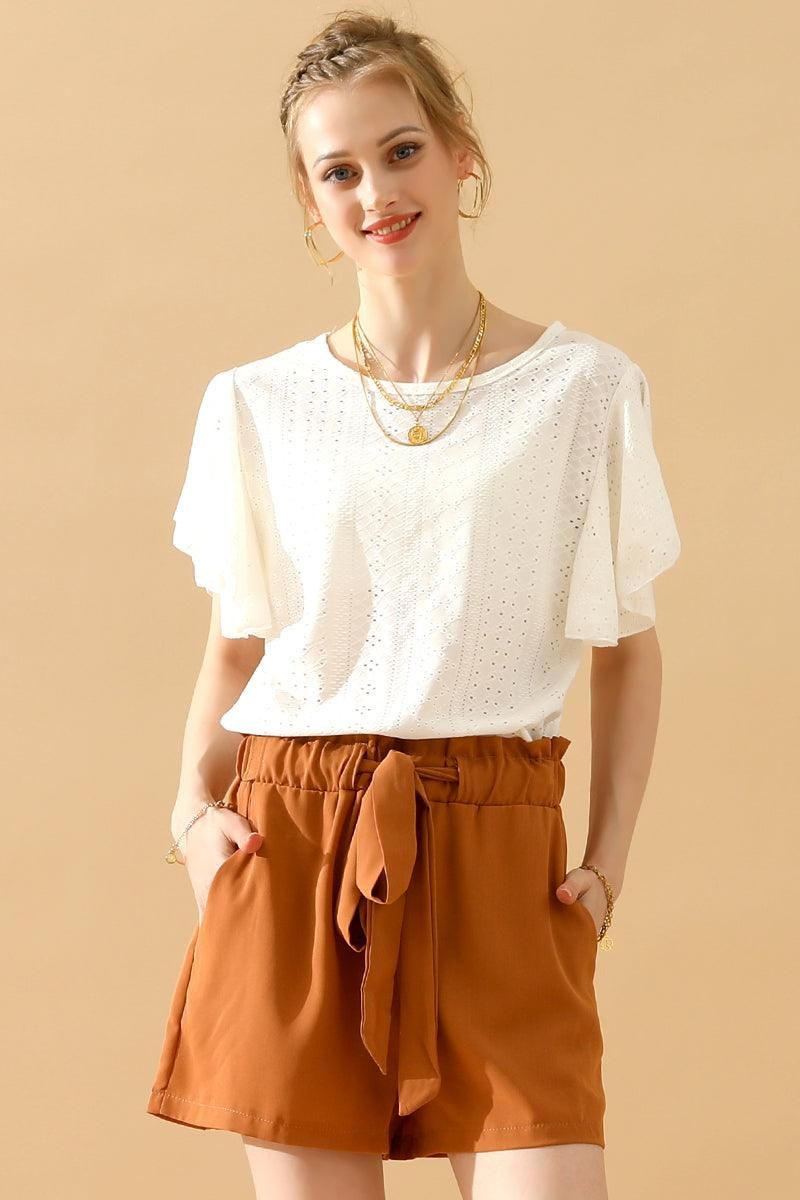 CAPE SLEEVE HOLLOW HOLE DETAILED CASUAL TOP - Doublju