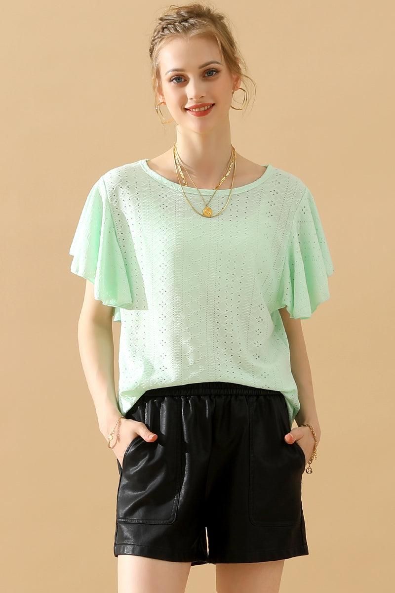 CAPE SLEEVE HOLLOW HOLE DETAILED CASUAL TOP - Doublju