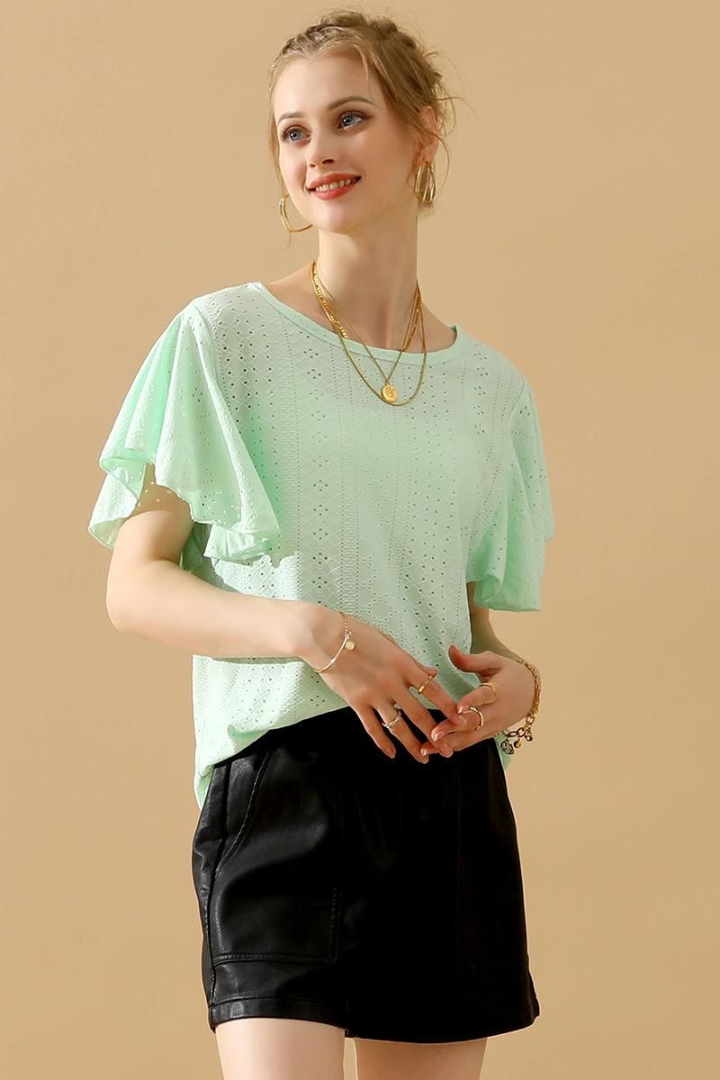 CAPE SLEEVE HOLLOW HOLE DETAILED CASUAL TOP - Doublju