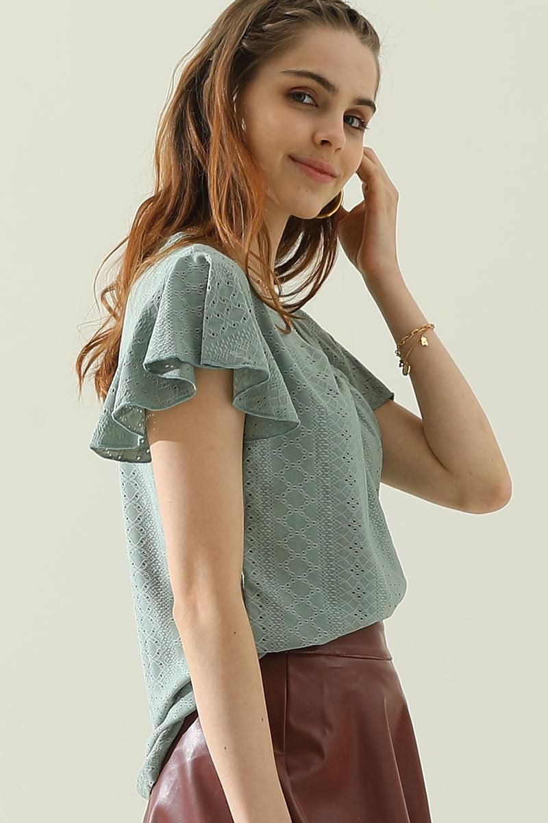 WRINKLED V NECK RUFFLED SLEEVES PUNCHING LACE TEE - Doublju