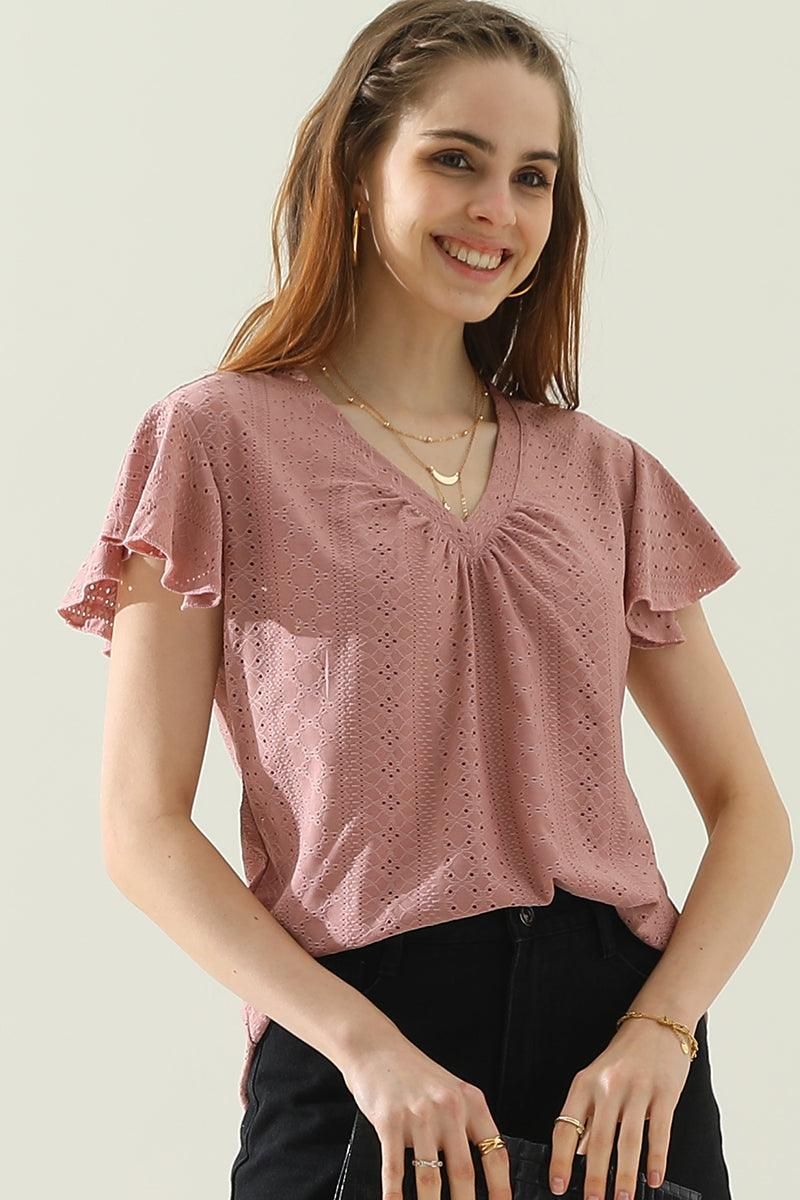 WRINKLED V NECK RUFFLED SLEEVES PUNCHING LACE TEE - Doublju