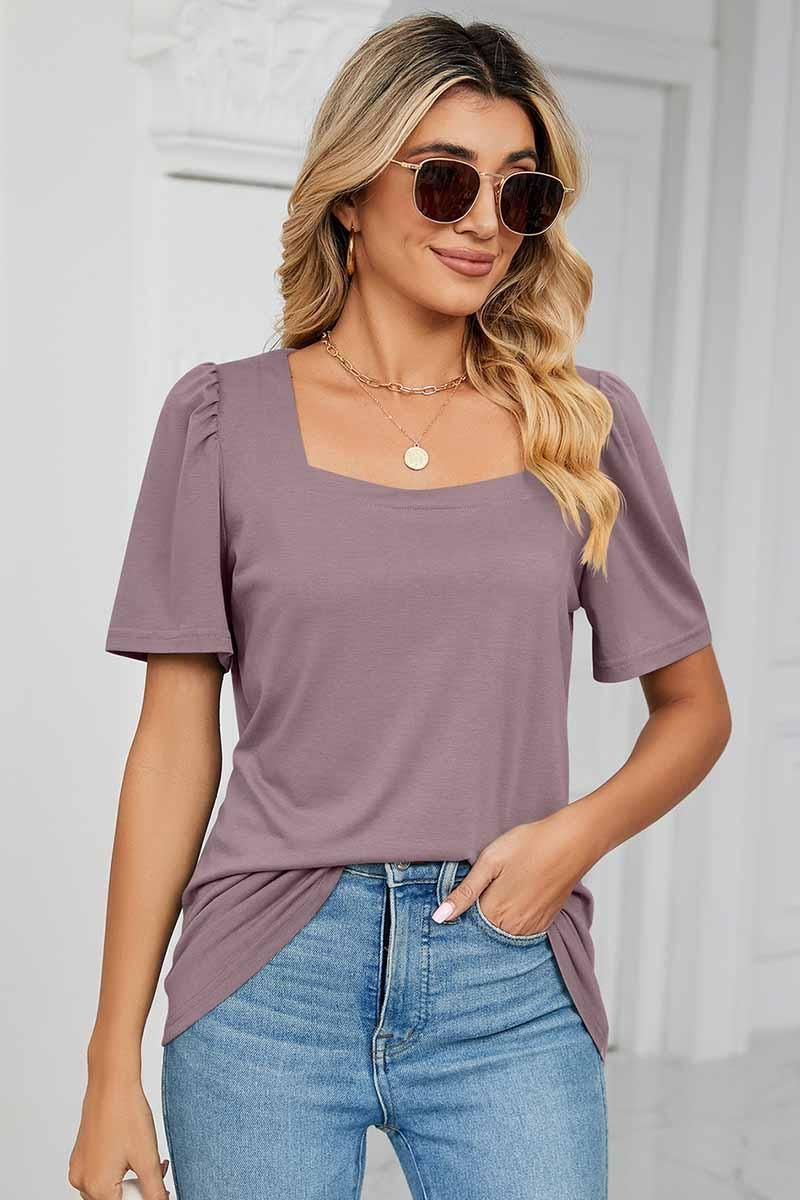 SQUERE NECK PUFF SHOULDER LOOSE TOP - Doublju