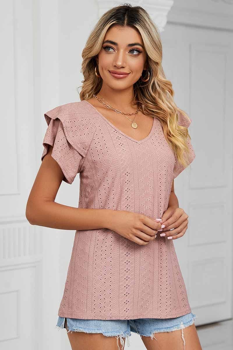 PUNCHING LACE CAKE PUFF V NECK T-SHIRTS - Doublju