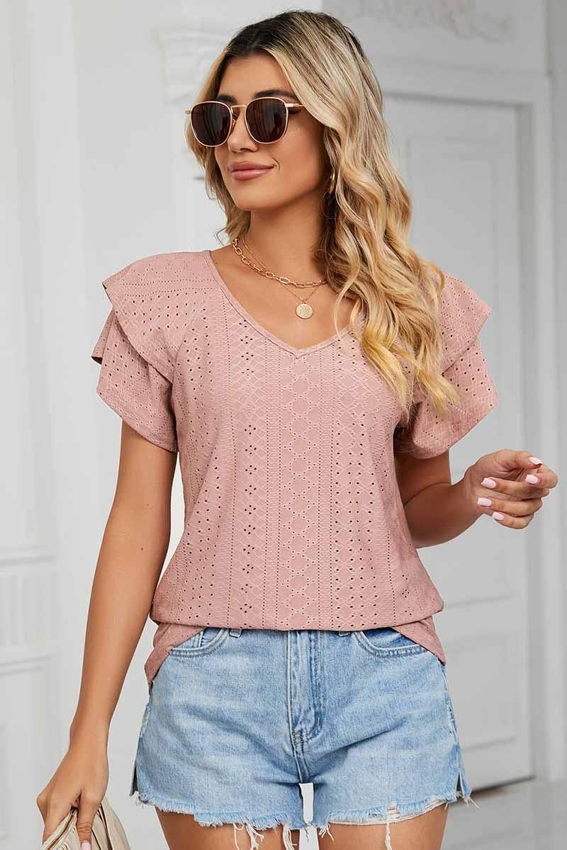 PUNCHING LACE CAKE PUFF V NECK T-SHIRTS - Doublju