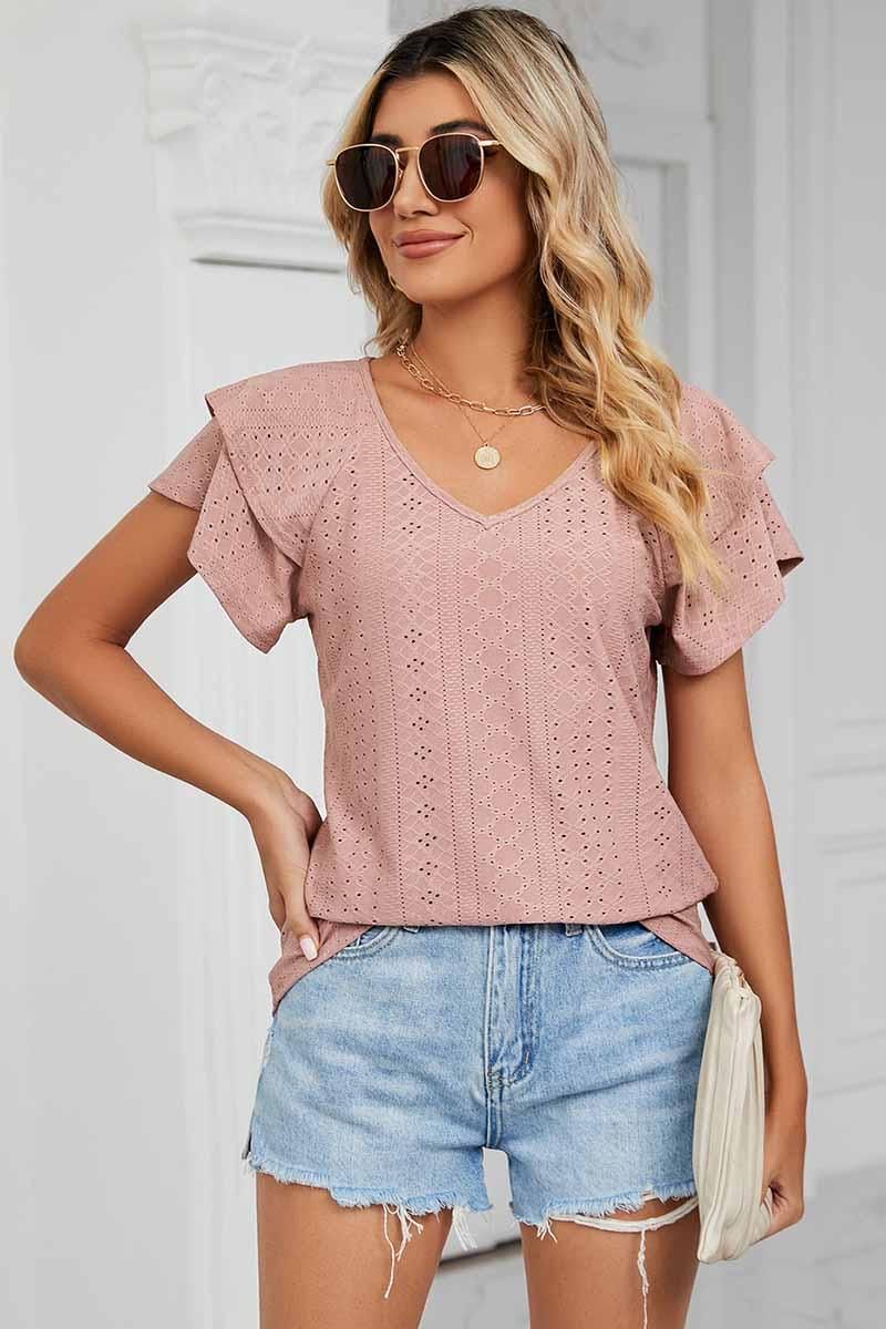 PUNCHING LACE CAKE PUFF V NECK T-SHIRTS - Doublju