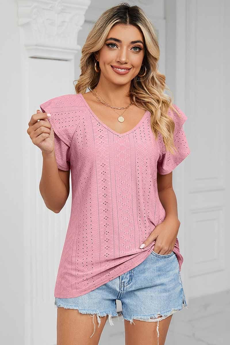 PUNCHING LACE CAKE PUFF V NECK T-SHIRTS - Doublju