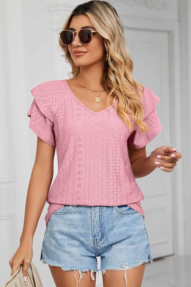 PUNCHING LACE CAKE PUFF V NECK T-SHIRTS - Doublju