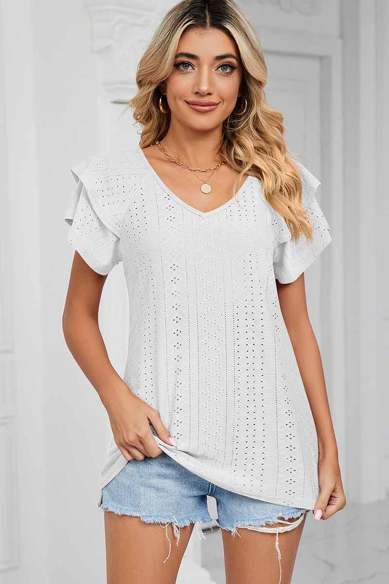 PUNCHING LACE CAKE PUFF V NECK T-SHIRTS - Doublju