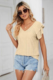 PUNCHING LACE CAKE PUFF V NECK T-SHIRTS - Doublju