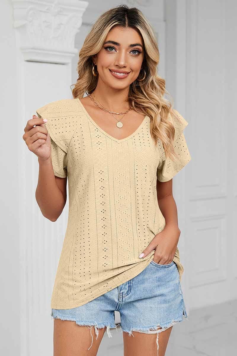 PUNCHING LACE CAKE PUFF V NECK T-SHIRTS - Doublju