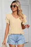 PUNCHING LACE CAKE PUFF V NECK T-SHIRTS - Doublju